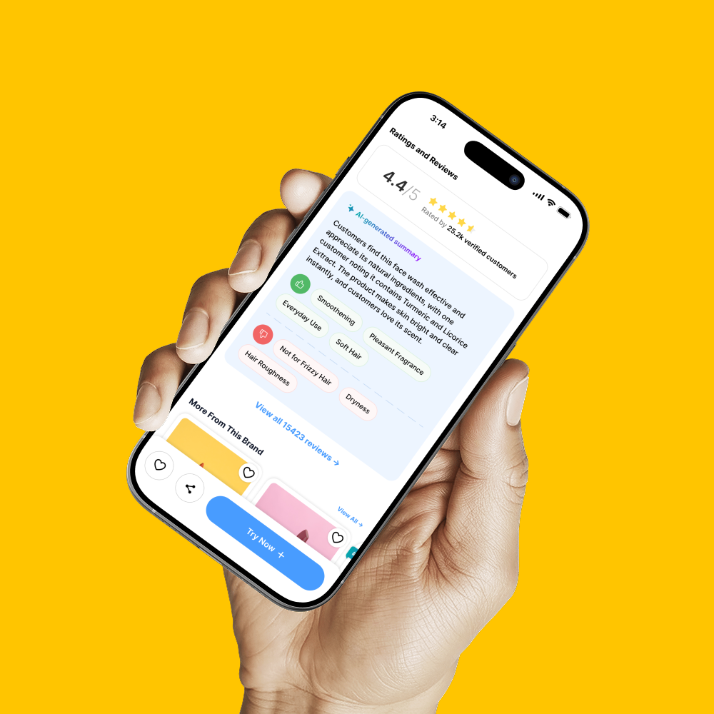 Smytten product page showing the AI-generated review summary and sentiment tags