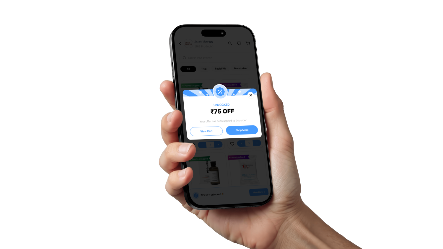 Smytten cart screen showing the Bill Buster reward unlocked popup — ₹75 OFF applied