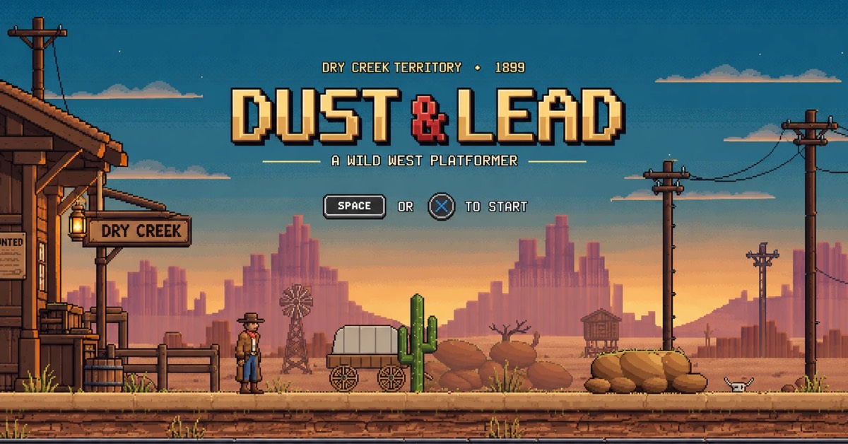 Dust & Lead title screen: a pixel-art Wild West town at sundown